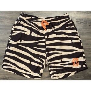 Overtime Men's Swim Trunks Zebra Like Print With Orange Logo, Brown, Size Small